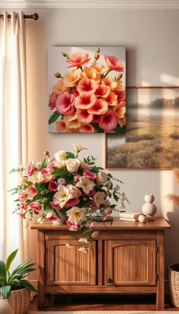 A cozy summer home decor scene brimming with vibrant floral arrangements. In the foreground, a wall-mounted floral canvas showcases lush blooms in warm hues, casting a soft, dreamlike glow. In the middle ground, a rustic wood console table displays a cascading bouquet of fragrant flowers, its petals illuminated by natural light filtering through sheer curtains. The background features a tranquil landscape painting, transporting the viewer to a serene summer garden. Warm lighting and a muted color palette evoke a sense of relaxation and nostalgia. The overall composition creates an inviting, nature-inspired atmosphere perfect for the "Floral Wall Art Ideas" section. A cozy summer home decor scene brimming with vibrant floral arrangements. In the foreground, a wall-mounted floral canvas showcases lush blooms in warm hues, casting a soft, dreamlike glow. In the middle ground, a rustic wood console table displays a cascading bouquet of fragrant flowers, its petals illuminated by natural light filtering through sheer curtains. The background features a tranquil landscape painting, transporting the viewer to a serene summer garden. Warm lighting and a muted color palette evoke a sense of relaxation and nostalgia. The overall composition creates an inviting, nature-inspired atmosphere perfect for the "Floral Wall Art Ideas" section.