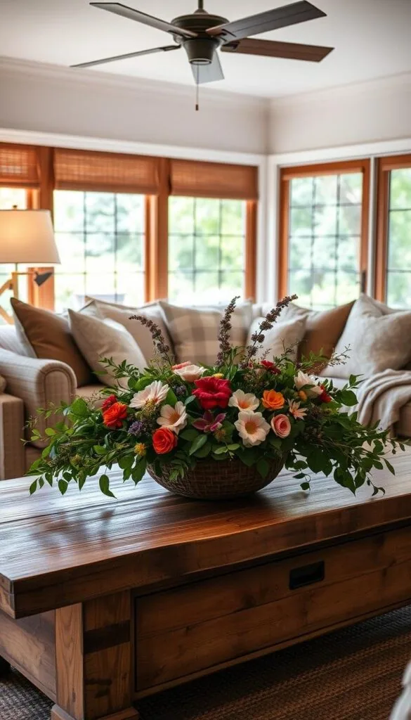 A cozy summer living room adorned with an artful arrangement of seasonal decor. In the foreground, a rustic wooden coffee table displays an eye-catching centerpiece of lush greenery, vibrant flowers, and soft textiles. Ambient lighting casts a warm, inviting glow, while in the middle ground, plush throw pillows and a cozy blanket invite guests to relax. The background features a large window overlooking a verdant outdoor scene, creating a seamless flow between indoor and outdoor spaces. The overall mood is one of effortless elegance and laid-back sophistication, perfect for hosting memorable summer gatherings. A cozy summer living room adorned with an artful arrangement of seasonal decor. In the foreground, a rustic wooden coffee table displays an eye-catching centerpiece of lush greenery, vibrant flowers, and soft textiles. Ambient lighting casts a warm, inviting glow, while in the middle ground, plush throw pillows and a cozy blanket invite guests to relax. The background features a large window overlooking a verdant outdoor scene, creating a seamless flow between indoor and outdoor spaces. The overall mood is one of effortless elegance and laid-back sophistication, perfect for hosting memorable summer gatherings.