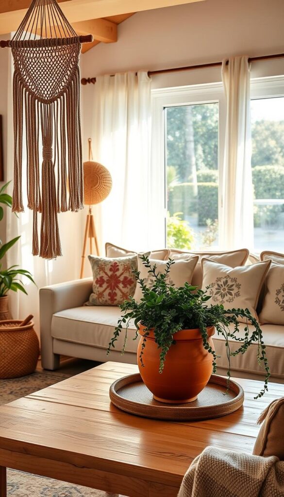 A cozy summer living room filled with handcrafted decor elements. In the foreground, a woven macrame wall hanging cascades from the ceiling, casting soft shadows. Atop a natural wood coffee table, a cluster of terracotta pots overflows with lush succulents and trailing vines. Soft, warm lighting filters through gauzy white curtains, illuminating a plush linen sofa adorned with embroidered throw pillows. In the background, a large window offers a scenic view of a sun-dappled garden. An overall atmosphere of relaxed, earthy elegance pervades the scene. A cozy summer living room filled with handcrafted decor elements. In the foreground, a woven macrame wall hanging cascades from the ceiling, casting soft shadows. Atop a natural wood coffee table, a cluster of terracotta pots overflows with lush succulents and trailing vines. Soft, warm lighting filters through gauzy white curtains, illuminating a plush linen sofa adorned with embroidered throw pillows. In the background, a large window offers a scenic view of a sun-dappled garden. An overall atmosphere of relaxed, earthy elegance pervades the scene.
