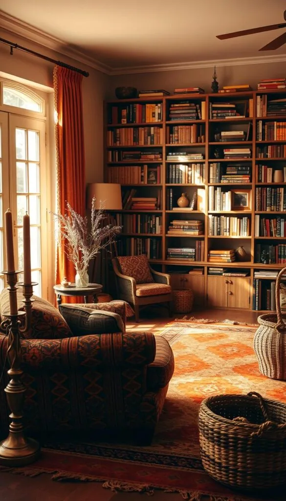 A cozy, sun-drenched Afrohemian living room, bathed in warm earth tones. In the foreground, an overstuffed armchair upholstered in a rich, vibrant kente cloth pattern. Ornate brass candlesticks and a woven basket with dried flowers accent the space. The middle ground features a large, hand-woven area rug in shades of ochre, terracotta, and mustard, anchoring the room. In the background, a floor-to-ceiling bookshelf displays an eclectic mix of vintage books and decorative tchotchkes, casting soft, diffused lighting. The entire scene is infused with a sense of cultural celebration and profound comfort.