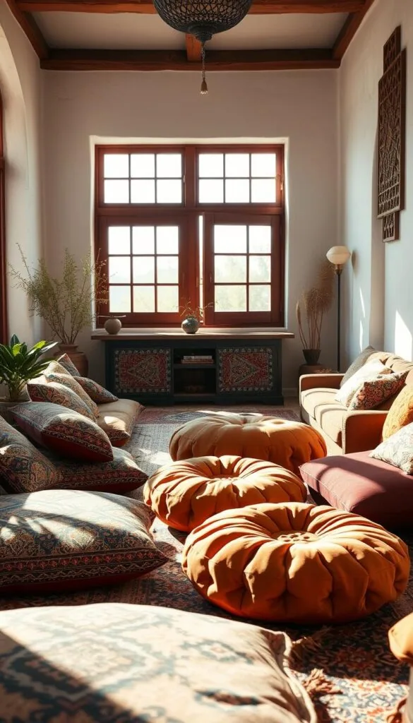 A cozy, sun-drenched Moroccan-inspired boho living room. In the foreground, an arrangement of plush, jewel-toned floor cushions in intricate geometric and paisley patterns, inviting visitors to sink in and relax. The middle ground features decorative, tufted leather poufs in warm tan and burgundy hues, complementing the rustic, earthy tones. Soft, diffused natural light filters in through large windows, casting a golden glow and creating a serene, inviting atmosphere. In the background, a backdrop of whitewashed walls with ornate, carved wood accents adds depth and character to the space, transporting the viewer to a far-off, exotic locale.