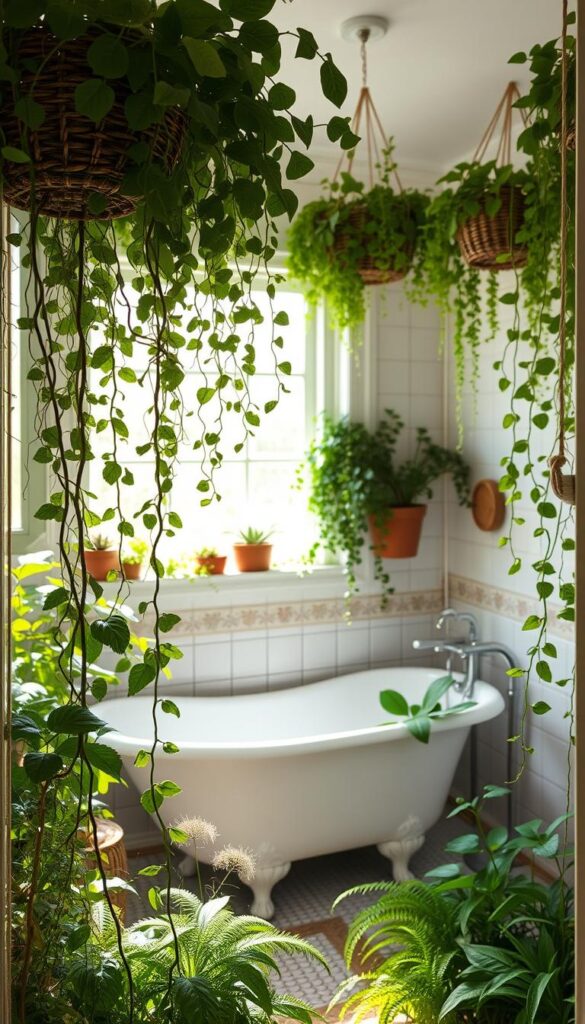 A cozy, sun-drenched bathroom with lush, verdant greenery cascading from hanging baskets and potted plants. The foreground features a mix of trailing vines, delicate ferns, and vibrant leaves, creating a natural, earthy atmosphere. In the middle ground, a vintage claw-foot tub sits nestled among the foliage, inviting relaxation. The background showcases a tiled wall with a large window, allowing natural light to pour in and illuminate the serene scene. The overall mood is one of tranquility and a connection to the outdoors, perfect for a small bathroom oasis.