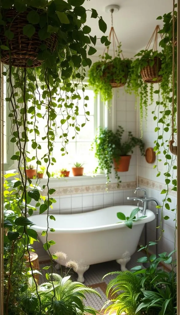 A cozy, sun-drenched bathroom with lush, verdant greenery cascading from hanging baskets and potted plants. The foreground features a mix of trailing vines, delicate ferns, and vibrant leaves, creating a natural, earthy atmosphere. In the middle ground, a vintage claw-foot tub sits nestled among the foliage, inviting relaxation. The background showcases a tiled wall with a large window, allowing natural light to pour in and illuminate the serene scene. The overall mood is one of tranquility and a connection to the outdoors, perfect for a small bathroom oasis.