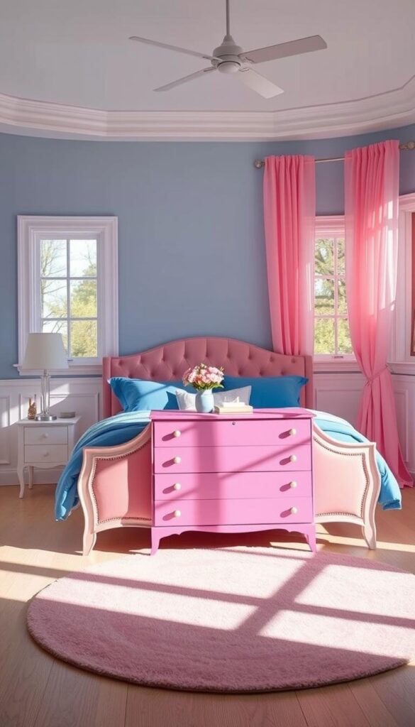 A cozy, sun-drenched bedroom with a harmonious pink and blue color scheme. The bed frame is an elegant, soft pink, adorned with plush, tufted headboard. Lush, blue-hued bedding and pillows create a calming, inviting ambiance. The walls are painted in a delicate, pale blue, accentuated by white wainscoting. Sheer, gossamer curtains in soft pink drift gently in the natural light filtering through large windows. A mid-century modern dresser in a vibrant azure hue stands as the centerpiece, complemented by a round, blush-toned area rug. The overall effect is a serene, sophisticated haven that effortlessly blends the warmth of pink with the tranquility of blue.