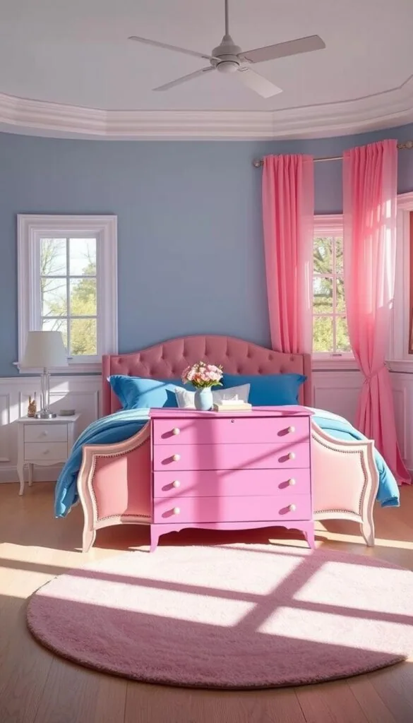 A cozy, sun-drenched bedroom with a harmonious pink and blue color scheme. The bed frame is an elegant, soft pink, adorned with plush, tufted headboard. Lush, blue-hued bedding and pillows create a calming, inviting ambiance. The walls are painted in a delicate, pale blue, accentuated by white wainscoting. Sheer, gossamer curtains in soft pink drift gently in the natural light filtering through large windows. A mid-century modern dresser in a vibrant azure hue stands as the centerpiece, complemented by a round, blush-toned area rug. The overall effect is a serene, sophisticated haven that effortlessly blends the warmth of pink with the tranquility of blue. A cozy, sun-drenched bedroom with a harmonious pink and blue color scheme. The bed frame is an elegant, soft pink, adorned with plush, tufted headboard. Lush, blue-hued bedding and pillows create a calming, inviting ambiance. The walls are painted in a delicate, pale blue, accentuated by white wainscoting. Sheer, gossamer curtains in soft pink drift gently in the natural light filtering through large windows. A mid-century modern dresser in a vibrant azure hue stands as the centerpiece, complemented by a round, blush-toned area rug. The overall effect is a serene, sophisticated haven that effortlessly blends the warmth of pink with the tranquility of blue.