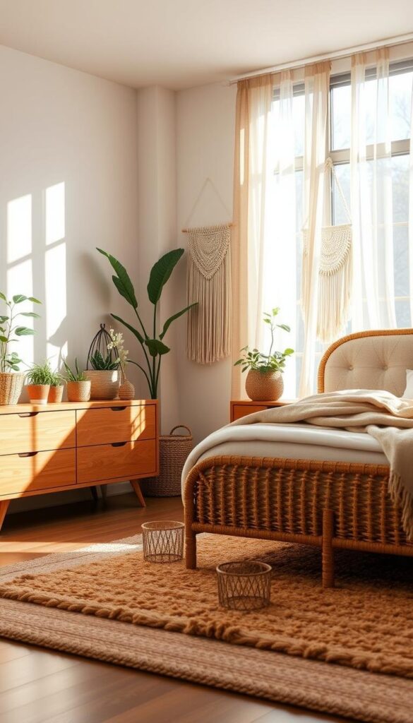 A cozy, sun-drenched boho bedroom with a rattan bed frame and plush, tufted headboard in neutral hues. In the foreground, a low-profile midcentury-inspired wooden dresser adorned with woven baskets and potted plants. The middle ground features a macrame wall hanging and a plush, textured area rug in warm earthy tones. The background showcases a large window framed by sheer, flowing curtains, filling the space with natural light and a sense of tranquility. Soft, diffused lighting creates a warm, inviting ambiance throughout the scene.