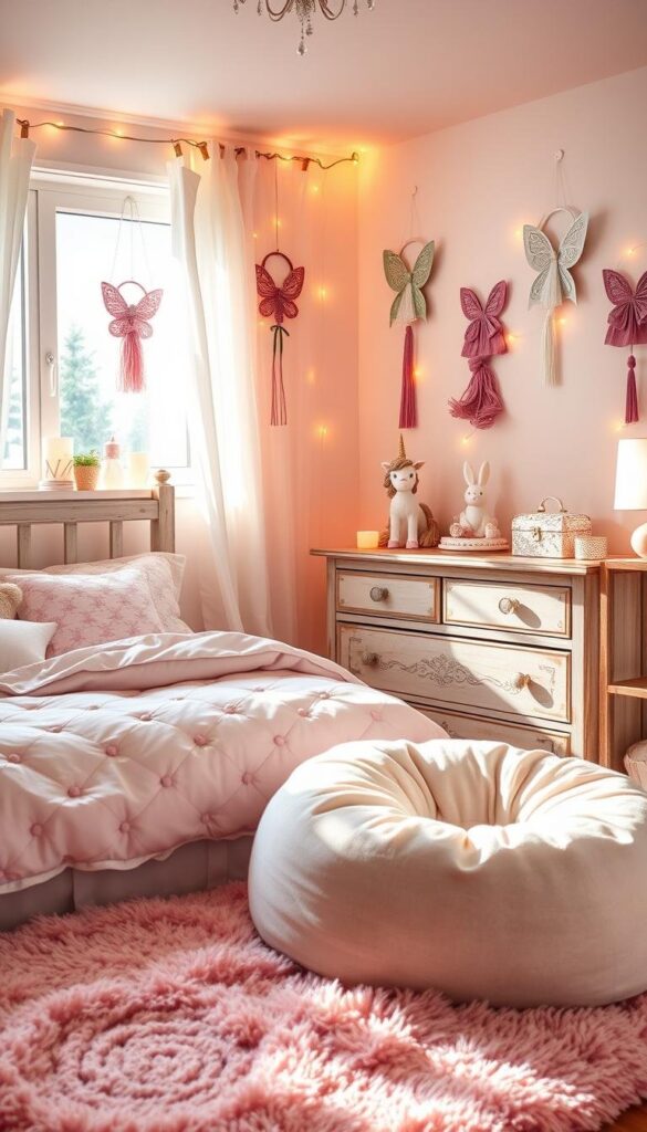 A cozy, sun-drenched girls bedroom with plush, patterned bedding in pastel shades. Adorning the walls are whimsical fairy-themed wall hangings and vibrant string lights that create a warm, magical ambiance. Atop a distressed wooden dresser, an array of playful trinkets and figurines - a glittery unicorn, a ceramic bunny, and a sparkly jewelry box. In the foreground, a fluffy, pink area rug and a comfy bean bag chair, perfect for curling up with a storybook. Soft, diffused lighting filters through sheer curtains, lending an ethereal, dreamlike quality to the intimate, feminine space.