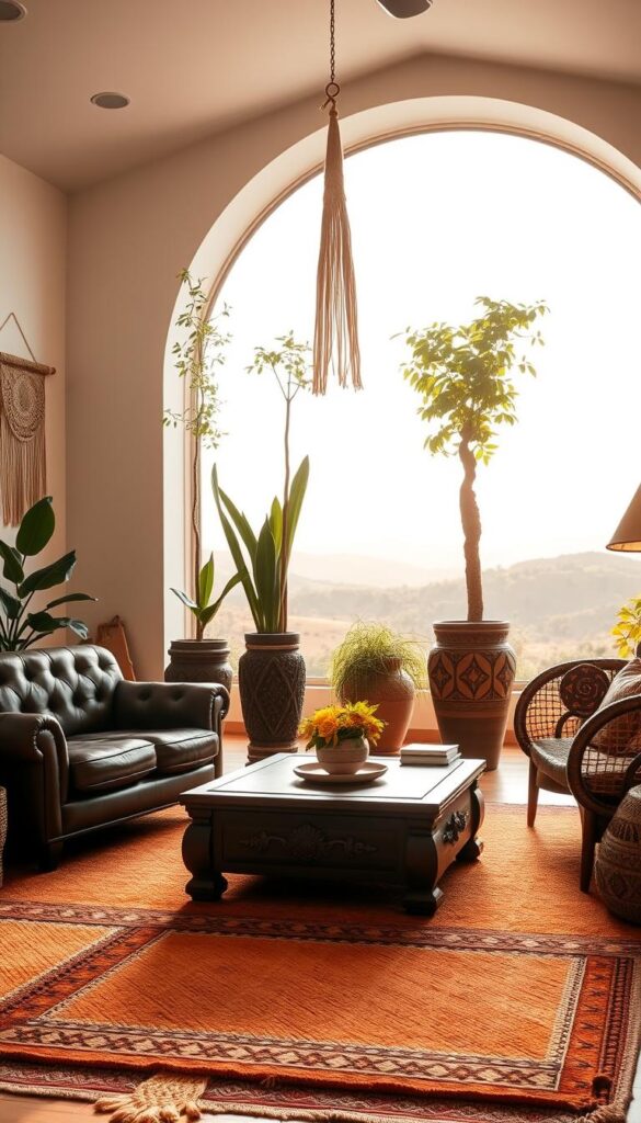 A cozy, sun-drenched living room with a global style aesthetic. In the foreground, a plush, handwoven area rug in warm ochre and terracotta tones. Anchoring the space, a low, wooden coffee table with intricate tribal carvings. Arranged around it, an eclectic mix of seating - a tufted leather armchair, a rattan loveseat, and a pair of floor cushions in vibrant ikat prints. Hanging above, a macrame wall hanging casts playful shadows. The middle ground features tall, potted plants in carved ceramic planters, their lush foliage spilling over. Through the large, arched window, a vista of lush, rolling hills under a golden, late afternoon sky. The lighting is soft and diffused, creating a serene, contemplative atmosphere.