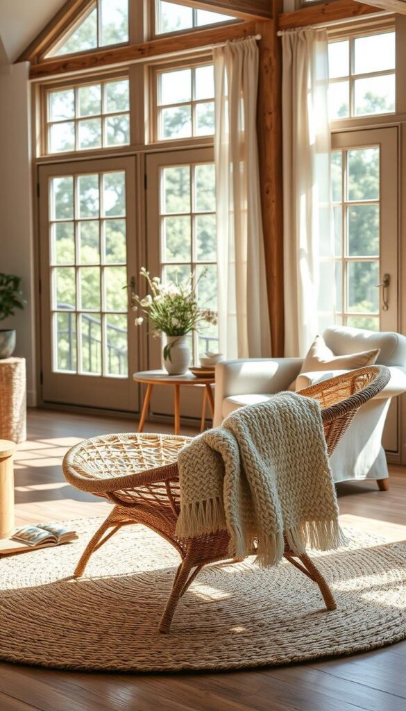 A cozy, sun-drenched natural summer home interior, featuring an abundance of textural elements. In the foreground, a woven rattan lounge chair sits atop a plush sisal rug, with a soft knitted throw draped over the armrest. In the middle ground, a wooden side table displays a vase of fresh wildflowers, complemented by a linen-upholstered armchair. The background showcases large windows letting in warm natural light, framed by airy linen curtains. The overall atmosphere evokes a serene, earthy ambiance, perfect for a summer retreat. A cozy, sun-drenched natural summer home interior, featuring an abundance of textural elements. In the foreground, a woven rattan lounge chair sits atop a plush sisal rug, with a soft knitted throw draped over the armrest. In the middle ground, a wooden side table displays a vase of fresh wildflowers, complemented by a linen-upholstered armchair. The background showcases large windows letting in warm natural light, framed by airy linen curtains. The overall atmosphere evokes a serene, earthy ambiance, perfect for a summer retreat.