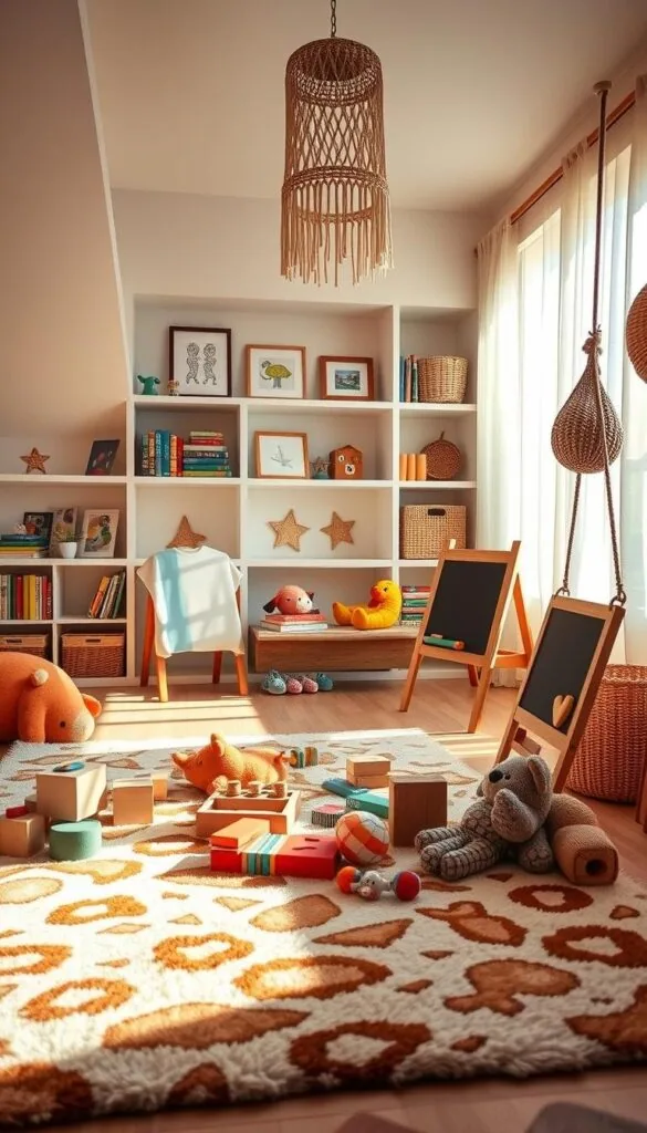 A cozy, sun-lit children's play zone with vibrant colors and engaging textures. In the foreground, a soft, plush rug in a playful animal print pattern. Scattered across it, wooden building blocks, plush toys, and a child's chalkboard easel. Against the back wall, built-in shelves display colorful books, framed artwork, and woven baskets. Hanging from the ceiling, a swing with woven macrame accents. Warm, diffused lighting filters through sheer window curtains, casting a gentle glow. The overall atmosphere is one of boundless imagination and carefree exploration, perfect for a young boy's dream bedroom sanctuary.