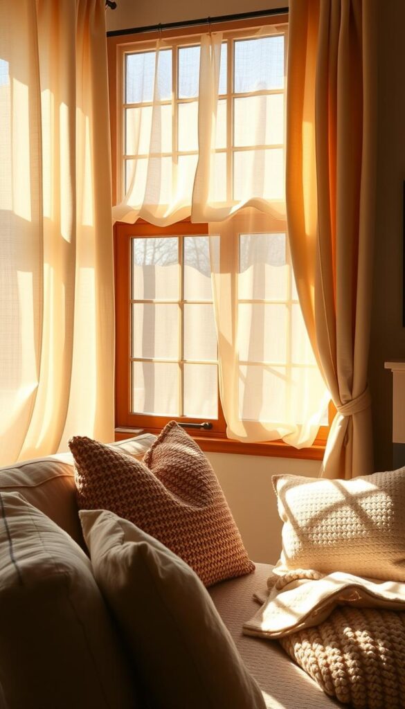 A cozy, sun-lit living room with inviting window treatments. Soft, lush draperies in natural textures like linen or velvet, gently flowing and casting warm shadows across the room. Delicate, sheer curtains filtering the light, creating a diffused, intimate ambiance. Textured throw pillows and blankets accentuating the plush, relaxed atmosphere. Wooden frames and sills, complementing the earthy tones. A sense of comfort and seclusion, like a private haven away from the world. A cozy, sun-lit living room with inviting window treatments. Soft, lush draperies in natural textures like linen or velvet, gently flowing and casting warm shadows across the room. Delicate, sheer curtains filtering the light, creating a diffused, intimate ambiance. Textured throw pillows and blankets accentuating the plush, relaxed atmosphere. Wooden frames and sills, complementing the earthy tones. A sense of comfort and seclusion, like a private haven away from the world.