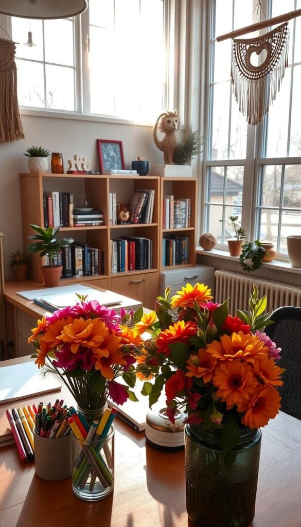 A cozy, sun-lit office space adorned with seasonal decor that reflects the occupant's personality. In the foreground, a neatly organized desk features a vibrant floral arrangement, colorful pens, and a small decorative succulent. The middle ground showcases a bookshelf filled with books and personal trinkets, complemented by a wall hanging that adds a touch of whimsy. The background depicts large windows that flood the room with natural light, casting a warm glow on the space. The overall atmosphere is one of productivity, creativity, and a sense of personalized comfort. A cozy, sun-lit office space adorned with seasonal decor that reflects the occupant's personality. In the foreground, a neatly organized desk features a vibrant floral arrangement, colorful pens, and a small decorative succulent. The middle ground showcases a bookshelf filled with books and personal trinkets, complemented by a wall hanging that adds a touch of whimsy. The background depicts large windows that flood the room with natural light, casting a warm glow on the space. The overall atmosphere is one of productivity, creativity, and a sense of personalized comfort.