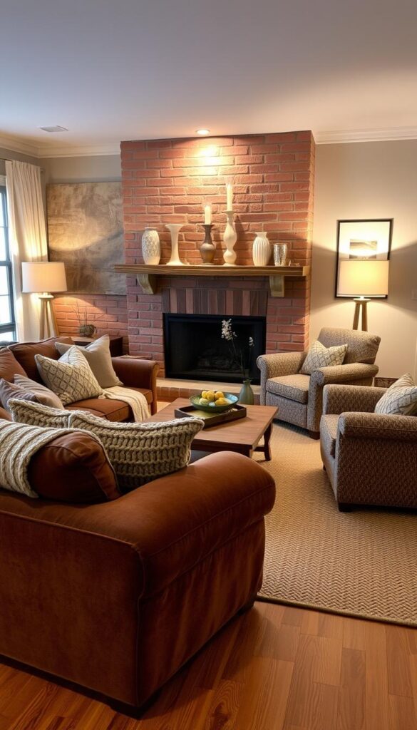 A cozy, textured living room with plush, inviting soft furnishings. In the foreground, a large, overstuffed sectional sofa in a rich, velvet fabric, accented with knitted throw pillows and a chunky cable-knit blanket. In the middle ground, a low, wooden coffee table topped with a woven area rug, flanked by matching armchairs upholstered in a nubby, neutral-toned fabric. The background features a brick fireplace with a mantel adorned with decorative vases and candles, casting a warm, ambient glow. Soft, diffused lighting from floor and table lamps creates a intimate, relaxing atmosphere. Textures abound, from the natural wood tones to the varied fabrics, evoking a sense of comfort and coziness. A cozy, textured living room with plush, inviting soft furnishings. In the foreground, a large, overstuffed sectional sofa in a rich, velvet fabric, accented with knitted throw pillows and a chunky cable-knit blanket. In the middle ground, a low, wooden coffee table topped with a woven area rug, flanked by matching armchairs upholstered in a nubby, neutral-toned fabric. The background features a brick fireplace with a mantel adorned with decorative vases and candles, casting a warm, ambient glow. Soft, diffused lighting from floor and table lamps creates a intimate, relaxing atmosphere. Textures abound, from the natural wood tones to the varied fabrics, evoking a sense of comfort and coziness.