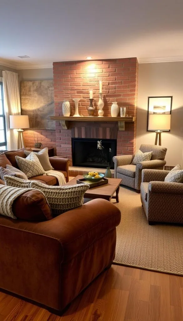 A cozy, textured living room with plush, inviting soft furnishings. In the foreground, a large, overstuffed sectional sofa in a rich, velvet fabric, accented with knitted throw pillows and a chunky cable-knit blanket. In the middle ground, a low, wooden coffee table topped with a woven area rug, flanked by matching armchairs upholstered in a nubby, neutral-toned fabric. The background features a brick fireplace with a mantel adorned with decorative vases and candles, casting a warm, ambient glow. Soft, diffused lighting from floor and table lamps creates a intimate, relaxing atmosphere. Textures abound, from the natural wood tones to the varied fabrics, evoking a sense of comfort and coziness.