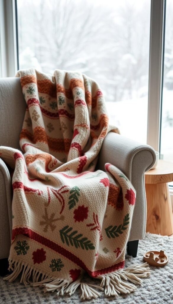 A cozy throw blanket draped over a plush armchair, its soft texture and warm hues inviting a winter's snuggle. In the foreground, the blanket's pattern showcases a mix of seasonal motifs - pine branches, snowflakes, and a touch of holiday red. The middle ground features a rustic wood side table, providing a natural contrast. Beyond, a large window reveals a snow-dusted landscape, bathed in soft, diffused lighting that creates a serene, hygge-inspired atmosphere. The composition emphasizes the importance of scale, highlighting how the dimensions of a throw blanket can transform a simple chair into a cozy winter oasis.