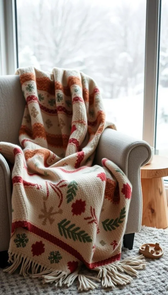 A cozy throw blanket draped over a plush armchair, its soft texture and warm hues inviting a winter's snuggle. In the foreground, the blanket's pattern showcases a mix of seasonal motifs - pine branches, snowflakes, and a touch of holiday red. The middle ground features a rustic wood side table, providing a natural contrast. Beyond, a large window reveals a snow-dusted landscape, bathed in soft, diffused lighting that creates a serene, hygge-inspired atmosphere. The composition emphasizes the importance of scale, highlighting how the dimensions of a throw blanket can transform a simple chair into a cozy winter oasis. A cozy throw blanket draped over a plush armchair, its soft texture and warm hues inviting a winter's snuggle. In the foreground, the blanket's pattern showcases a mix of seasonal motifs - pine branches, snowflakes, and a touch of holiday red. The middle ground features a rustic wood side table, providing a natural contrast. Beyond, a large window reveals a snow-dusted landscape, bathed in soft, diffused lighting that creates a serene, hygge-inspired atmosphere. The composition emphasizes the importance of scale, highlighting how the dimensions of a throw blanket can transform a simple chair into a cozy winter oasis.