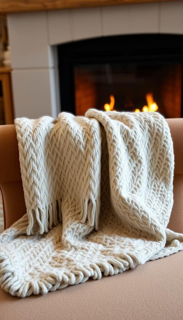 A cozy throw blanket draped over a plush armchair, its soft, textured fabric inviting you to curl up and relax. The warm glow of a fireplace casts a gentle light, creating a serene and inviting atmosphere. In the foreground, the throw blanket's intricate pattern and neutral tones blend seamlessly with the chair's complementary hues, while the background showcases a cozy, intimate living space with hints of natural wood accents. The scene evokes a sense of comfort and contentment, perfect for snuggling up on a chilly winter day.