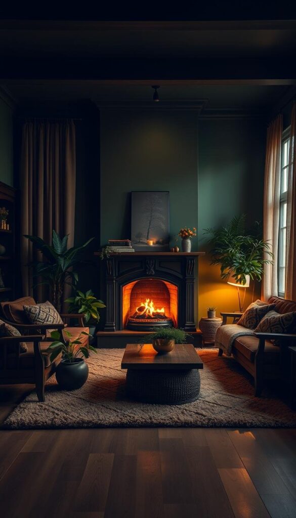 A cozy, warm-lit living room interior bathed in deep, earthy tones. The walls are painted in a rich, mossy green, complemented by dark wooden furniture and a plush, textured area rug in shades of brown and beige. A large, ornate fireplace in the center casts a soft, golden glow, illuminating the space. Lush, verdant potted plants adorn the room, adding pops of vibrant greenery. Soft, ambient lighting filters through sheer, earthy-toned curtains, creating a serene and inviting atmosphere. A sense of rustic elegance pervades the scene, evoking the natural, earthy beauty of the autumn season.