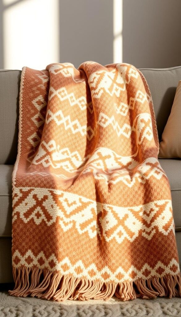 A cozy, warm-toned throw blanket with a trendy, woven pattern in a medium tone. The pattern features a balanced combination of geometric shapes, organic curves, and subtle texture, creating an elevated yet inviting design. The blanket is artfully draped over a plush, neutral-colored sofa, casting soft, diffused lighting across the surface. The overall scene conveys a sense of hygge, with the blanket's pattern adding a touch of modern sophistication to the cozy, winter-inspired setting.