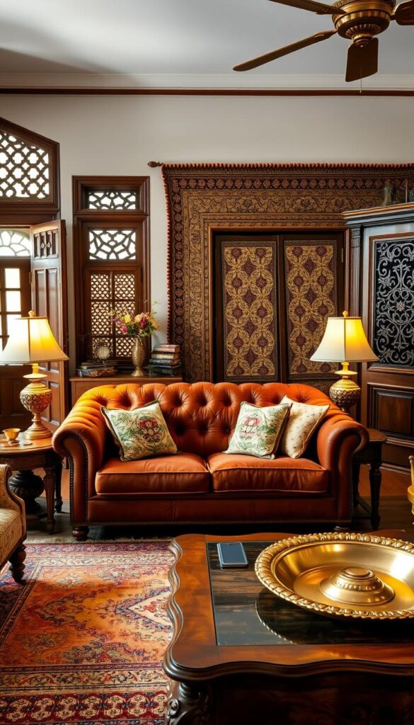 A cozy, well-appointed Indian vintage living room filled with rich, earthy tones and natural textures. In the foreground, a plush, tufted chesterfield sofa adorned with embroidered cushions and a handwoven wool rug. Brass lamps and carved wooden side tables flank the sofa, casting a warm, ambient glow. In the middle ground, a large, intricately patterned tapestry hangs on the wall, complemented by intricate carved window frames and a heavy, ornate door. The background features a glimpse of a traditional Indian jali screen and a brass thali tray on a sturdy, carved wooden table. The overall atmosphere is one of timeless elegance and cultural heritage. A cozy, well-appointed Indian vintage living room filled with rich, earthy tones and natural textures. In the foreground, a plush, tufted chesterfield sofa adorned with embroidered cushions and a handwoven wool rug. Brass lamps and carved wooden side tables flank the sofa, casting a warm, ambient glow. In the middle ground, a large, intricately patterned tapestry hangs on the wall, complemented by intricate carved window frames and a heavy, ornate door. The background features a glimpse of a traditional Indian jali screen and a brass thali tray on a sturdy, carved wooden table. The overall atmosphere is one of timeless elegance and cultural heritage.