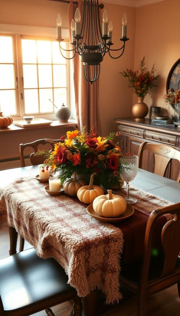 A cozy, well-appointed autumn dining room, bathed in warm, golden light from a large window. The table is adorned with a plush, patterned runner, complemented by a cluster of votive candles, gourds, and a vibrant fall floral arrangement. Earthy tones of ochre, burgundy, and forest green dominate the color palette, accented by touches of copper and brass. Wooden chairs, a rustic sideboard, and a statement chandelier complete the inviting, organic ambiance, capturing the essence of a seasonal, effortless elegance. A cozy, well-appointed autumn dining room, bathed in warm, golden light from a large window. The table is adorned with a plush, patterned runner, complemented by a cluster of votive candles, gourds, and a vibrant fall floral arrangement. Earthy tones of ochre, burgundy, and forest green dominate the color palette, accented by touches of copper and brass. Wooden chairs, a rustic sideboard, and a statement chandelier complete the inviting, organic ambiance, capturing the essence of a seasonal, effortless elegance.
