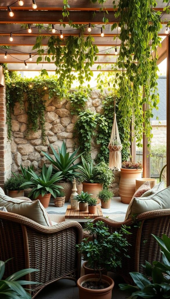 A cozy, well-appointed boho patio nestled amidst lush greenery and natural materials. In the foreground, a woven rattan sofa and armchair set, adorned with plush, earthy-toned cushions. Midground features a low, rustic wooden coffee table surrounded by potted plants and a hanging macrame plant holder. The background showcases a stone or brick wall, partially covered in trailing vines and string lights, creating a warm, intimate ambiance. Overhead, a wooden pergola or trellis is draped with cascading greenery, filtering dappled sunlight. The image conveys a sense of tranquil, carefree outdoor living, seamlessly blending natural elements with boho-inspired decor. A cozy, well-appointed boho patio nestled amidst lush greenery and natural materials. In the foreground, a woven rattan sofa and armchair set, adorned with plush, earthy-toned cushions. Midground features a low, rustic wooden coffee table surrounded by potted plants and a hanging macrame plant holder. The background showcases a stone or brick wall, partially covered in trailing vines and string lights, creating a warm, intimate ambiance. Overhead, a wooden pergola or trellis is draped with cascading greenery, filtering dappled sunlight. The image conveys a sense of tranquil, carefree outdoor living, seamlessly blending natural elements with boho-inspired decor.