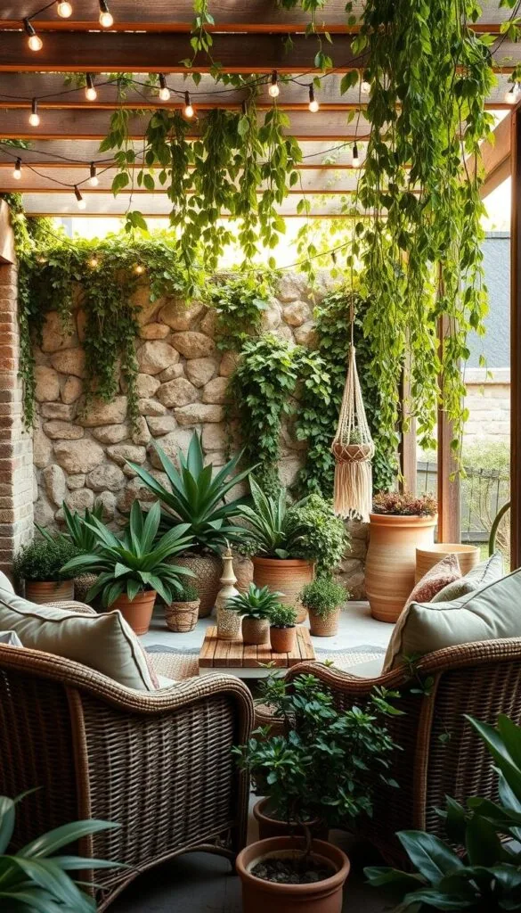 A cozy, well-appointed boho patio nestled amidst lush greenery and natural materials. In the foreground, a woven rattan sofa and armchair set, adorned with plush, earthy-toned cushions. Midground features a low, rustic wooden coffee table surrounded by potted plants and a hanging macrame plant holder. The background showcases a stone or brick wall, partially covered in trailing vines and string lights, creating a warm, intimate ambiance. Overhead, a wooden pergola or trellis is draped with cascading greenery, filtering dappled sunlight. The image conveys a sense of tranquil, carefree outdoor living, seamlessly blending natural elements with boho-inspired decor.