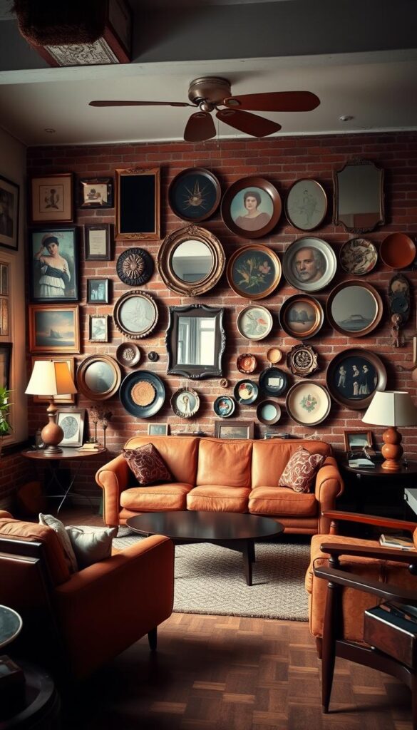 A cozy, well-curated vintage living room with a warm, inviting atmosphere. In the foreground, an eclectic display of framed wall art, vintage mirrors, and decorative plates arranged in a visually striking manner. In the middle ground, a retro sofa and armchair in rich, earthy tones, complemented by a mid-century coffee table and side tables. The background features a brick or wood-paneled wall, lending a rustic, industrial touch. Soft, diffused lighting illuminates the scene, creating a nostalgic, atmospheric mood. The overall composition evokes a sense of timeless elegance and a harmonious blend of vintage and modern elements. A cozy, well-curated vintage living room with a warm, inviting atmosphere. In the foreground, an eclectic display of framed wall art, vintage mirrors, and decorative plates arranged in a visually striking manner. In the middle ground, a retro sofa and armchair in rich, earthy tones, complemented by a mid-century coffee table and side tables. The background features a brick or wood-paneled wall, lending a rustic, industrial touch. Soft, diffused lighting illuminates the scene, creating a nostalgic, atmospheric mood. The overall composition evokes a sense of timeless elegance and a harmonious blend of vintage and modern elements.