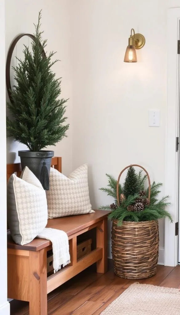 A cozy, well-designed entryway decorated for winter, featuring a sturdy wooden bench with plush cushions, a rustic hallway table displaying a potted evergreen, and a woven basket overflowing with pinecones and seasonal greenery. The space is softly lit by a brass wall sconce, casting a warm glow and highlighting the textures of the natural materials. The entryway's neutral color palette of whites, grays, and warm wood tones creates a inviting and functional atmosphere, perfect for welcoming guests during the colder months.