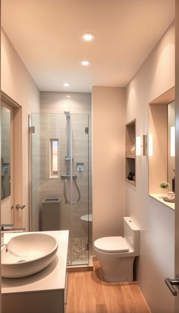 A cozy, well-designed small bathroom with clean, minimalist styling. The foreground features a modern, floating vanity with sleek fixtures and a vessel sink. The middle ground showcases a compact, frameless glass shower enclosure reflecting the room's natural light. The background highlights a soothing, neutral-toned wall tile pattern and a small, recessed shelving unit displaying decorative elements. The lighting is a combination of warm, recessed ceiling fixtures and sconces flanking the vanity mirror, creating a relaxing ambiance. The overall composition emphasizes efficient space utilization and a cohesive, spa-like aesthetic.