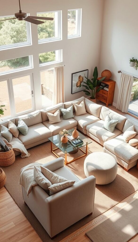 A cozy, well-lit L-shaped sectional living room layout with a focus on open, airy design. The room features large windows that flood the space with natural light, highlighting the plush, neutral-toned sofa arrangement. Subtle textures, such as woven baskets and wooden accents, add warmth and depth. Strategically placed ottomans and armchairs create a balanced, inviting seating area, while a minimalist, glass-topped coffee table ties the layout together. The overall atmosphere exudes a sense of effortless sophistication and seamless flow, perfect for an open living room design.