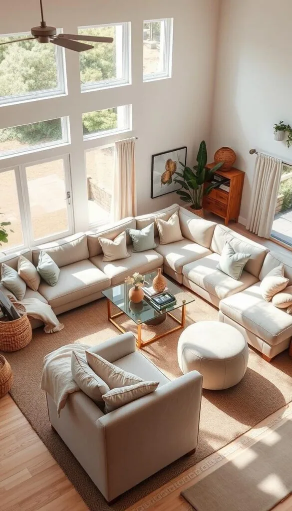 A cozy, well-lit L-shaped sectional living room layout with a focus on open, airy design. The room features large windows that flood the space with natural light, highlighting the plush, neutral-toned sofa arrangement. Subtle textures, such as woven baskets and wooden accents, add warmth and depth. Strategically placed ottomans and armchairs create a balanced, inviting seating area, while a minimalist, glass-topped coffee table ties the layout together. The overall atmosphere exudes a sense of effortless sophistication and seamless flow, perfect for an open living room design.