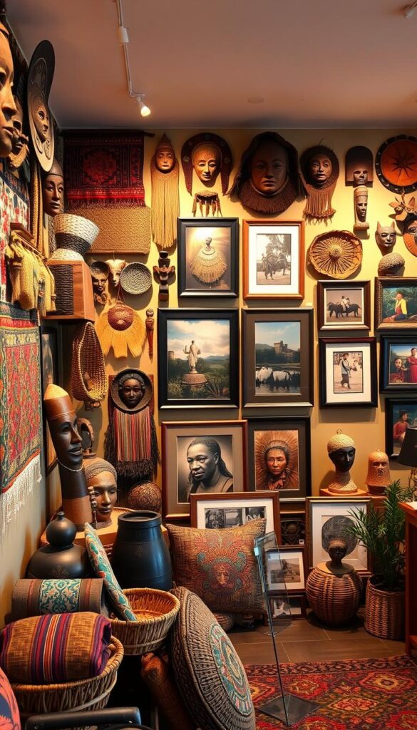 A cozy, well-lit art gallery with a stunning wall display of diverse ethnic wall decor. The foreground features a mix of vibrant textiles, handcrafted masks, woven baskets, and unique sculptures arranged in a visually captivating gallery wall layout. The middle ground showcases carefully curated, artfully framed paintings and photographs that celebrate cultural heritage and storytelling. The background has warm, diffused lighting that accentuates the textures and colors of the ethnic pieces, creating a welcoming and immersive atmosphere. The overall composition conveys a harmonious blend of cultures, inviting the viewer to explore and appreciate the rich tapestry of global artistic traditions. A cozy, well-lit art gallery with a stunning wall display of diverse ethnic wall decor. The foreground features a mix of vibrant textiles, handcrafted masks, woven baskets, and unique sculptures arranged in a visually captivating gallery wall layout. The middle ground showcases carefully curated, artfully framed paintings and photographs that celebrate cultural heritage and storytelling. The background has warm, diffused lighting that accentuates the textures and colors of the ethnic pieces, creating a welcoming and immersive atmosphere. The overall composition conveys a harmonious blend of cultures, inviting the viewer to explore and appreciate the rich tapestry of global artistic traditions.