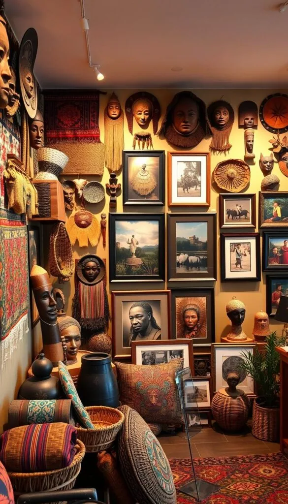 A cozy, well-lit art gallery with a stunning wall display of diverse ethnic wall decor. The foreground features a mix of vibrant textiles, handcrafted masks, woven baskets, and unique sculptures arranged in a visually captivating gallery wall layout. The middle ground showcases carefully curated, artfully framed paintings and photographs that celebrate cultural heritage and storytelling. The background has warm, diffused lighting that accentuates the textures and colors of the ethnic pieces, creating a welcoming and immersive atmosphere. The overall composition conveys a harmonious blend of cultures, inviting the viewer to explore and appreciate the rich tapestry of global artistic traditions. A cozy, well-lit art gallery with a stunning wall display of diverse ethnic wall decor. The foreground features a mix of vibrant textiles, handcrafted masks, woven baskets, and unique sculptures arranged in a visually captivating gallery wall layout. The middle ground showcases carefully curated, artfully framed paintings and photographs that celebrate cultural heritage and storytelling. The background has warm, diffused lighting that accentuates the textures and colors of the ethnic pieces, creating a welcoming and immersive atmosphere. The overall composition conveys a harmonious blend of cultures, inviting the viewer to explore and appreciate the rich tapestry of global artistic traditions.