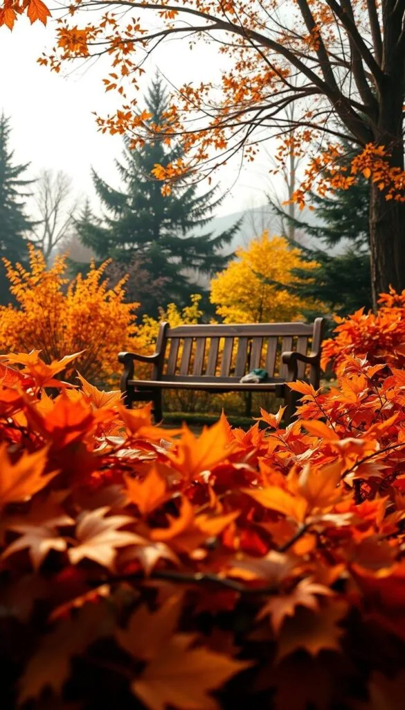 A cozy, well-lit autumn scene, captured through a wide-angle lens. In the foreground, a collection of vibrant fall foliage - rich oranges, deep reds, and golden yellows, illuminated by warm, soft lighting. The middle ground features a rustic wooden bench, invitingly placed amidst the colorful leaves. In the background, a blend of deciduous and evergreen trees, their branches stretching towards a hazy, overcast sky, creating a sense of depth and atmosphere. The overall mood is one of welcoming comfort and the gentle embrace of the changing seasons, perfect for setting the tone for DIY fall home decor projects.