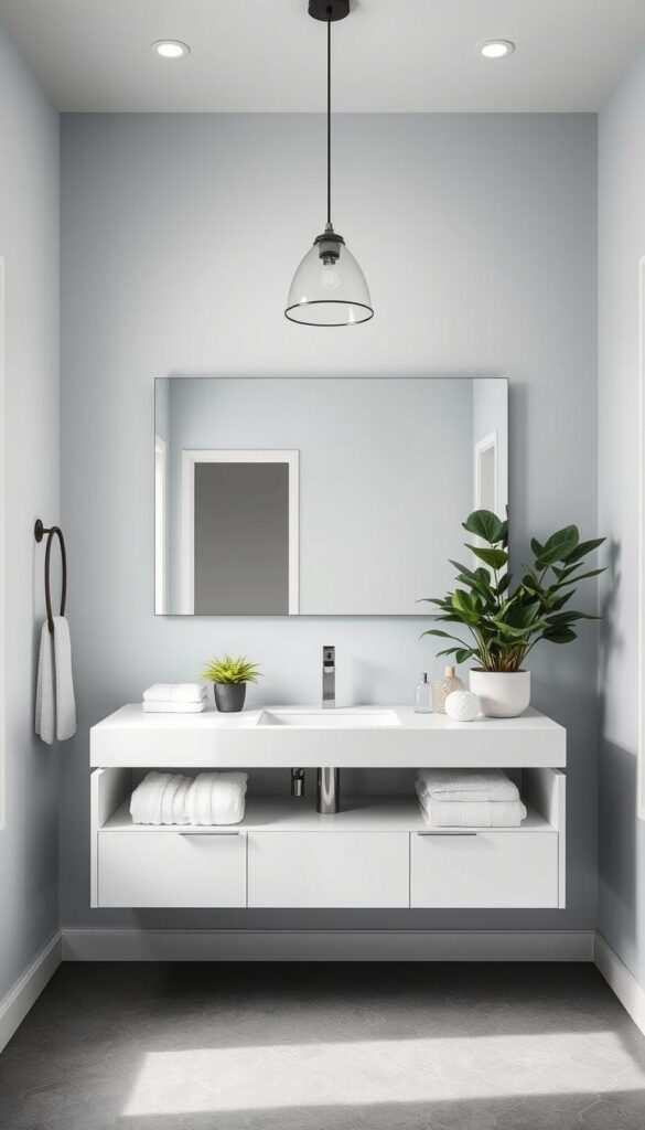 A cozy, well-lit bathroom with a modern, minimalist design showcasing a large, rectangular mirror above a sleek, floating vanity. The vanity features a clean, white countertop and integrated sink. The floor is covered in muted gray, hexagonal tiles, creating a sense of elegance. The walls are painted in a soothing, light blue hue, complemented by a single, statement-making pendant light fixture hanging from the ceiling. Lush, green potted plants on the vanity add a touch of nature, while plush, white towels and accessories complete the serene, spa-like ambiance.