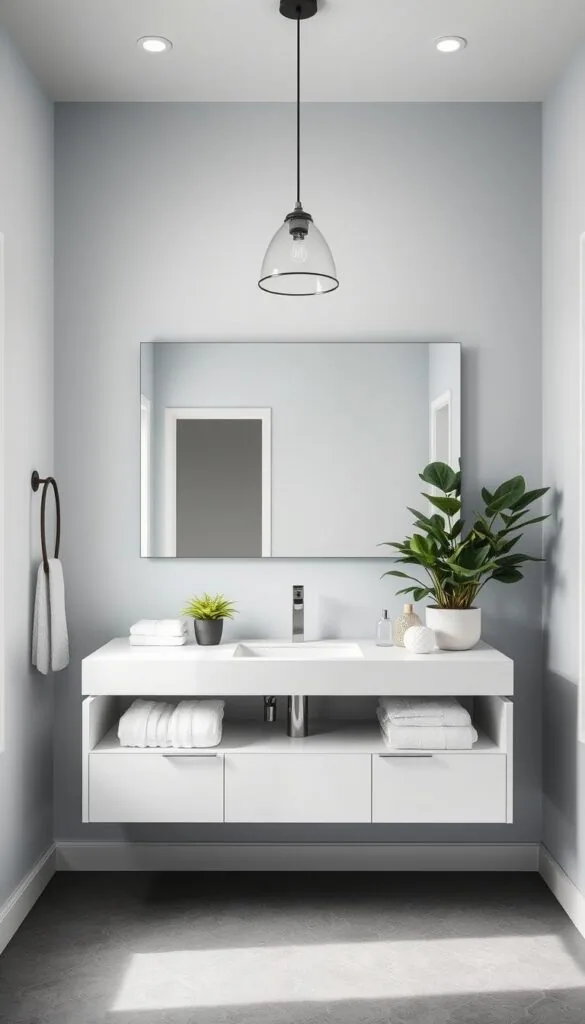 A cozy, well-lit bathroom with a modern, minimalist design showcasing a large, rectangular mirror above a sleek, floating vanity. The vanity features a clean, white countertop and integrated sink. The floor is covered in muted gray, hexagonal tiles, creating a sense of elegance. The walls are painted in a soothing, light blue hue, complemented by a single, statement-making pendant light fixture hanging from the ceiling. Lush, green potted plants on the vanity add a touch of nature, while plush, white towels and accessories complete the serene, spa-like ambiance.