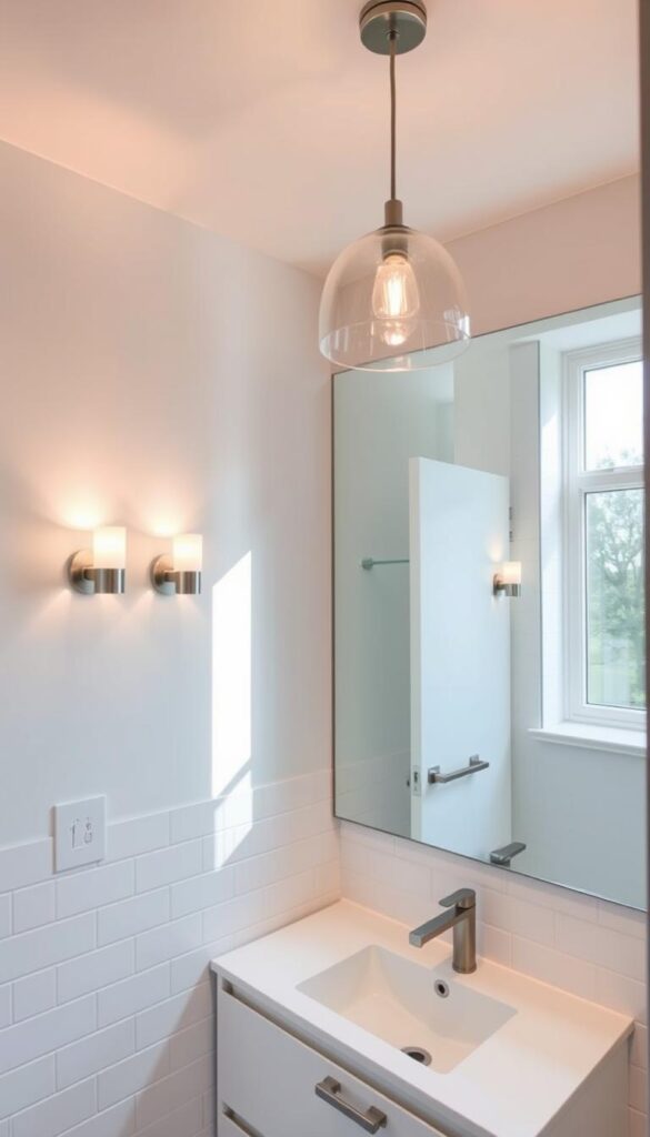 A cozy, well-lit bathroom with a modern, minimalist design. Soft, warm lighting emanates from sconces on the walls, casting a flattering glow on the crisp white tiles and sleek vanity. The large frameless mirror reflects the light, creating a sense of depth and airiness. Overhead, a contemporary pendant light with a subtle metallic finish illuminates the space. The fixtures and hardware have a brushed nickel finish, complementing the overall clean, elegant aesthetic. The window lets in natural daylight, blending seamlessly with the artificial lighting to create a soothing, tranquil ambiance - the perfect setting for a relaxing, spa-like bathroom experience.