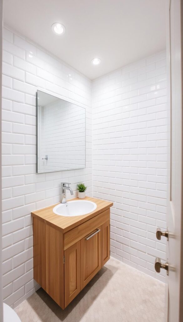 A cozy, well-lit bathroom with a simple, minimalist aesthetic. The walls are adorned with clean, white subway tiles, complemented by a sleek, chrome-finished faucet and soap dispenser. The vanity features a wooden countertop and a single sink, with ample storage space underneath. A large, frameless mirror dominates the space, creating an illusion of depth and amplifying the sense of openness. The floor is covered in neutral-toned, hexagonal tiles, adding a touch of visual interest. Recessed lighting casts a warm, inviting glow, while a small, potted plant on the vanity adds a natural, refreshing element. The overall atmosphere is one of practicality, efficiency, and understated elegance. A cozy, well-lit bathroom with a simple, minimalist aesthetic. The walls are adorned with clean, white subway tiles, complemented by a sleek, chrome-finished faucet and soap dispenser. The vanity features a wooden countertop and a single sink, with ample storage space underneath. A large, frameless mirror dominates the space, creating an illusion of depth and amplifying the sense of openness. The floor is covered in neutral-toned, hexagonal tiles, adding a touch of visual interest. Recessed lighting casts a warm, inviting glow, while a small, potted plant on the vanity adds a natural, refreshing element. The overall atmosphere is one of practicality, efficiency, and understated elegance.