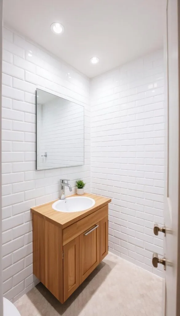 A cozy, well-lit bathroom with a simple, minimalist aesthetic. The walls are adorned with clean, white subway tiles, complemented by a sleek, chrome-finished faucet and soap dispenser. The vanity features a wooden countertop and a single sink, with ample storage space underneath. A large, frameless mirror dominates the space, creating an illusion of depth and amplifying the sense of openness. The floor is covered in neutral-toned, hexagonal tiles, adding a touch of visual interest. Recessed lighting casts a warm, inviting glow, while a small, potted plant on the vanity adds a natural, refreshing element. The overall atmosphere is one of practicality, efficiency, and understated elegance. A cozy, well-lit bathroom with a simple, minimalist aesthetic. The walls are adorned with clean, white subway tiles, complemented by a sleek, chrome-finished faucet and soap dispenser. The vanity features a wooden countertop and a single sink, with ample storage space underneath. A large, frameless mirror dominates the space, creating an illusion of depth and amplifying the sense of openness. The floor is covered in neutral-toned, hexagonal tiles, adding a touch of visual interest. Recessed lighting casts a warm, inviting glow, while a small, potted plant on the vanity adds a natural, refreshing element. The overall atmosphere is one of practicality, efficiency, and understated elegance.