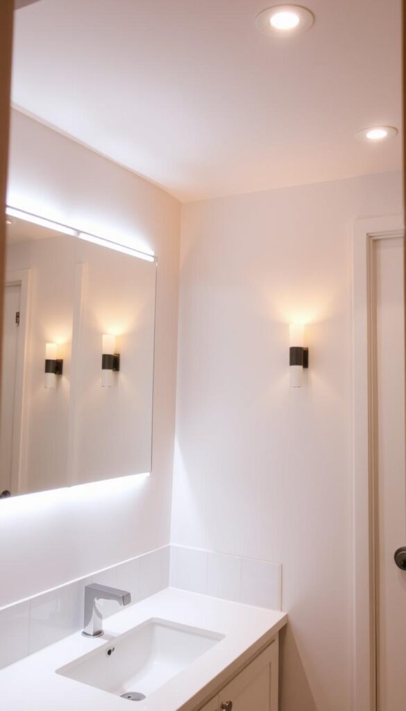 A cozy, well-lit bathroom with a soft, warm glow illuminating the space. The vanity features a linear LED light fixture casting an even, diffused light across the counter and mirror, accentuating the bathroom's elegant, minimalist design. Soft, dimmable sconces flank the mirror, providing a flattering, shadow-free lighting that enhances the facial features. Recessed ceiling lights bathe the room in a gentle, ambient luminance, creating a serene, spa-like atmosphere. The light sources are thoughtfully positioned to showcase the bathroom's clean, sophisticated aesthetic while ensuring optimal functionality and comfort.