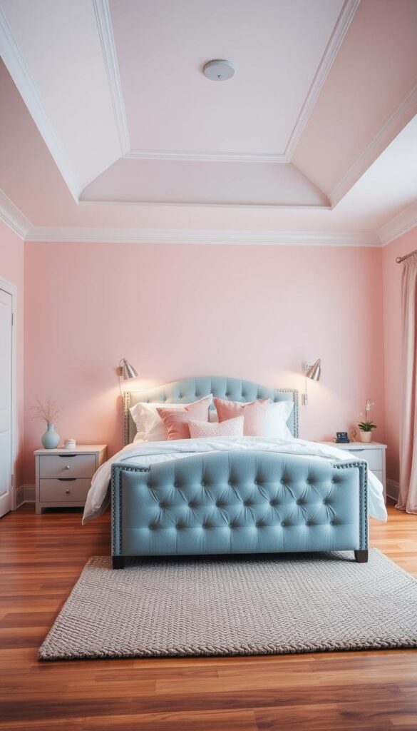A cozy, well-lit bedroom featuring soft, muted shades of pink and blue. The walls are painted in a delicate, pastel pink hue, creating a warm and inviting atmosphere. Complementing the pink, the ceiling and trim are painted in a serene, baby blue color, adding depth and contrast to the space. In the center of the room, a plush, tufted bed frame in a light, airy blue tone takes center stage, adorned with crisp, white bedding and an array of soft, pink throw pillows. Ambient lighting from a pair of sleek, metal pendant lamps casts a gentle glow, enhancing the room's tranquil ambiance. The hardwood floors are covered by a chunky, woven area rug in a subtle, neutral tone, tying the entire scene together.