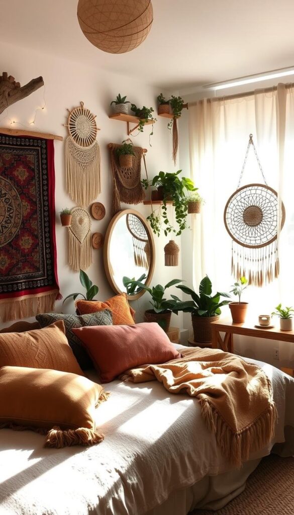 A cozy, well-lit bohemian bedroom with vibrant tapestries, woven wall hangings, and macrame art adorning the walls. Clusters of potted plants, string lights, and natural wood accents create a warm, earthy ambiance. Soft, textured fabrics in earthy hues and tasseled pillows layer the bed, while a large, round mirror reflects the room's eclectic charm. Dappled sunlight filters through sheer curtains, casting a gentle glow across the eclectic mix of textures and patterns. The overall effect is a serene, harmonious space that invites relaxation and inspiration.
