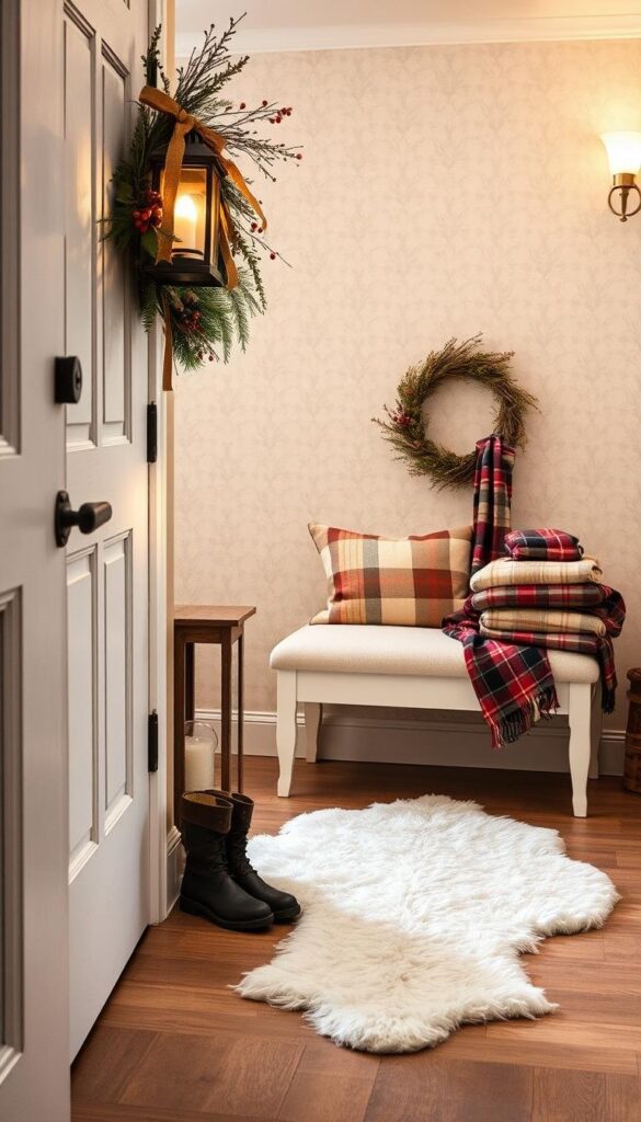 A cozy, well-lit entryway adorned with rustic winter decor. In the foreground, a natural wreath with pine branches, berries, and a festive ribbon hangs on a whitewashed wooden door. Beside it, a vintage-inspired metal lantern casts a warm, inviting glow. In the middle ground, a plush, ivory-colored bench provides a welcoming place to remove snowy boots, accented by a fluffy sheepskin rug and a stack of neatly folded tartan blankets. The background features a neutral-toned wallpaper with a subtle leaf pattern, complementing the earthy, seasonal aesthetic. Soft, diffused lighting emanates from sconces on the walls, creating a tranquil, hygge-inspired atmosphere. A cozy, well-lit entryway adorned with rustic winter decor. In the foreground, a natural wreath with pine branches, berries, and a festive ribbon hangs on a whitewashed wooden door. Beside it, a vintage-inspired metal lantern casts a warm, inviting glow. In the middle ground, a plush, ivory-colored bench provides a welcoming place to remove snowy boots, accented by a fluffy sheepskin rug and a stack of neatly folded tartan blankets. The background features a neutral-toned wallpaper with a subtle leaf pattern, complementing the earthy, seasonal aesthetic. Soft, diffused lighting emanates from sconces on the walls, creating a tranquil, hygge-inspired atmosphere.