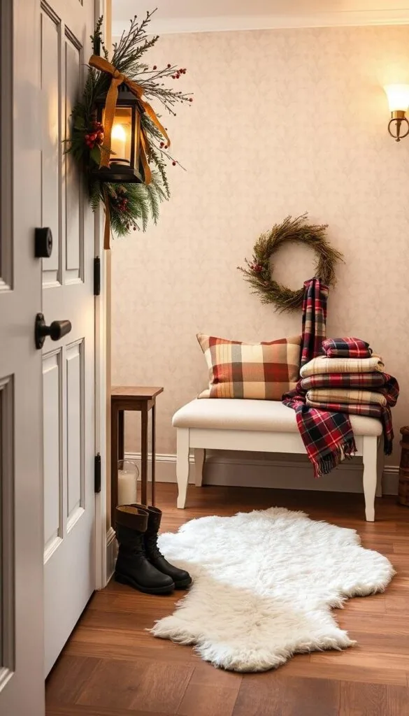 A cozy, well-lit entryway adorned with rustic winter decor. In the foreground, a natural wreath with pine branches, berries, and a festive ribbon hangs on a whitewashed wooden door. Beside it, a vintage-inspired metal lantern casts a warm, inviting glow. In the middle ground, a plush, ivory-colored bench provides a welcoming place to remove snowy boots, accented by a fluffy sheepskin rug and a stack of neatly folded tartan blankets. The background features a neutral-toned wallpaper with a subtle leaf pattern, complementing the earthy, seasonal aesthetic. Soft, diffused lighting emanates from sconces on the walls, creating a tranquil, hygge-inspired atmosphere.