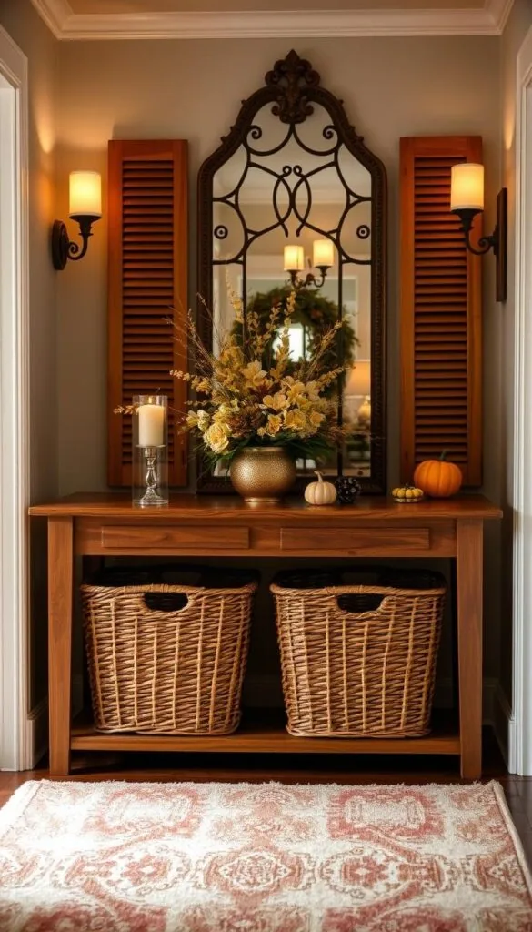 A cozy, well-lit foyer in an autumn-inspired palette. In the foreground, a solid wood console table with a pair of oversized wicker baskets beneath, providing ample storage for scarves, gloves, and other seasonal essentials. On the table, a lush, natural-toned floral arrangement complemented by a pair of warm-toned candles. Along the walls, decorative wooden shutters or sconces cast a soft, ambient glow. The middle ground features a plush, patterned area rug leading the eye toward the background, where an ornate mirror reflects the foyer's warm, inviting atmosphere. Subtle, autumnal accents like dried leaves, pinecones, or gourds add refined, seasonal flair.