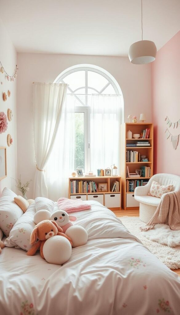 A cozy, well-lit girls bedroom with a whimsical, pastel-themed decor. In the foreground, a plush white bed with floral sheets and a collection of plush toys. On the walls, delicate floral wall hangings and a string of fairy lights. In the middle ground, a wooden bookshelf filled with colorful books and trinkets. A large, arched window with sheer white curtains lets in soft, natural light, illuminating the space. In the background, a soft pink accent wall and a cozy reading nook with a fluffy rug and a plush chair. The overall atmosphere is warm, inviting, and full of personal charm.