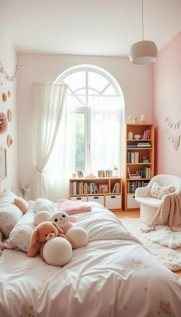 A cozy, well-lit girls bedroom with a whimsical, pastel-themed decor. In the foreground, a plush white bed with floral sheets and a collection of plush toys. On the walls, delicate floral wall hangings and a string of fairy lights. In the middle ground, a wooden bookshelf filled with colorful books and trinkets. A large, arched window with sheer white curtains lets in soft, natural light, illuminating the space. In the background, a soft pink accent wall and a cozy reading nook with a fluffy rug and a plush chair. The overall atmosphere is warm, inviting, and full of personal charm.