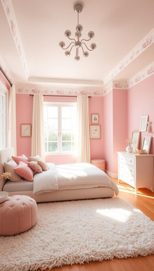 A cozy, well-lit girls bedroom with pastel pink walls, a plush white shag rug, and an assortment of colorful throw pillows on a white upholstered bed. Sunshine streams through large, airy windows, casting a warm glow across the room. A small white dresser with decorative vases and framed artwork adorns the far wall, while a delicate floral wallpaper border runs along the ceiling. Soft, diffused lighting from a modern chandelier illuminates the space, creating a serene, relaxing atmosphere ideal for a young girl's dream bedroom.