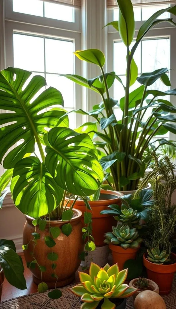 A cozy, well-lit indoor scene showcasing a variety of thriving, hardy houseplants. In the foreground, a lush, verdant Monstera deliciosa with broad, tropical leaves cascading from a mid-century modern planter. Behind it, a sculptural ZZ plant with thick, waxy stems and shiny green foliage. In the middle ground, a cluster of resilient succulents - jade, echeveria, and burro's tail - each displaying their unique textures and shapes. Soft, natural lighting filters in through large windows, casting a warm, inviting glow and creating gentle shadows that accentuate the plants' forms. The overall mood is serene, calming, and perfect for a winter living space.